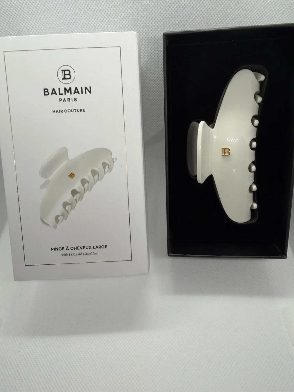 Balmain White Hair Claw with 18 k Gold plated 'B' Accent